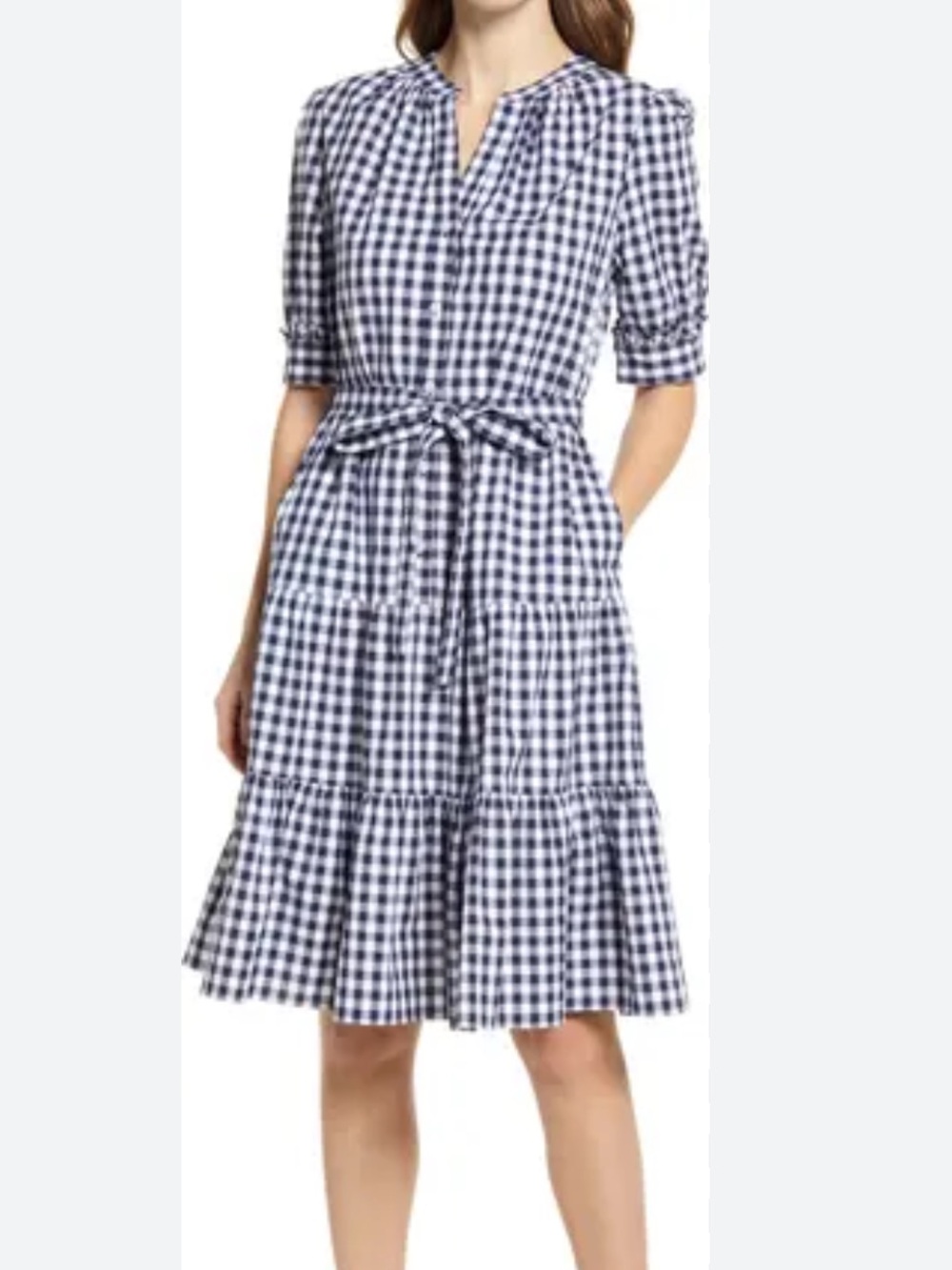 Draper James Gingham Tie-Waist Midi Dress in Navy & White, Size Small